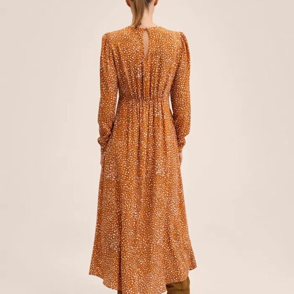 NWT MANGO Long Sleeve Maxi Prairie Tea Dress Orange Animal Print Size 4 / Small - Picture 2 of 12
